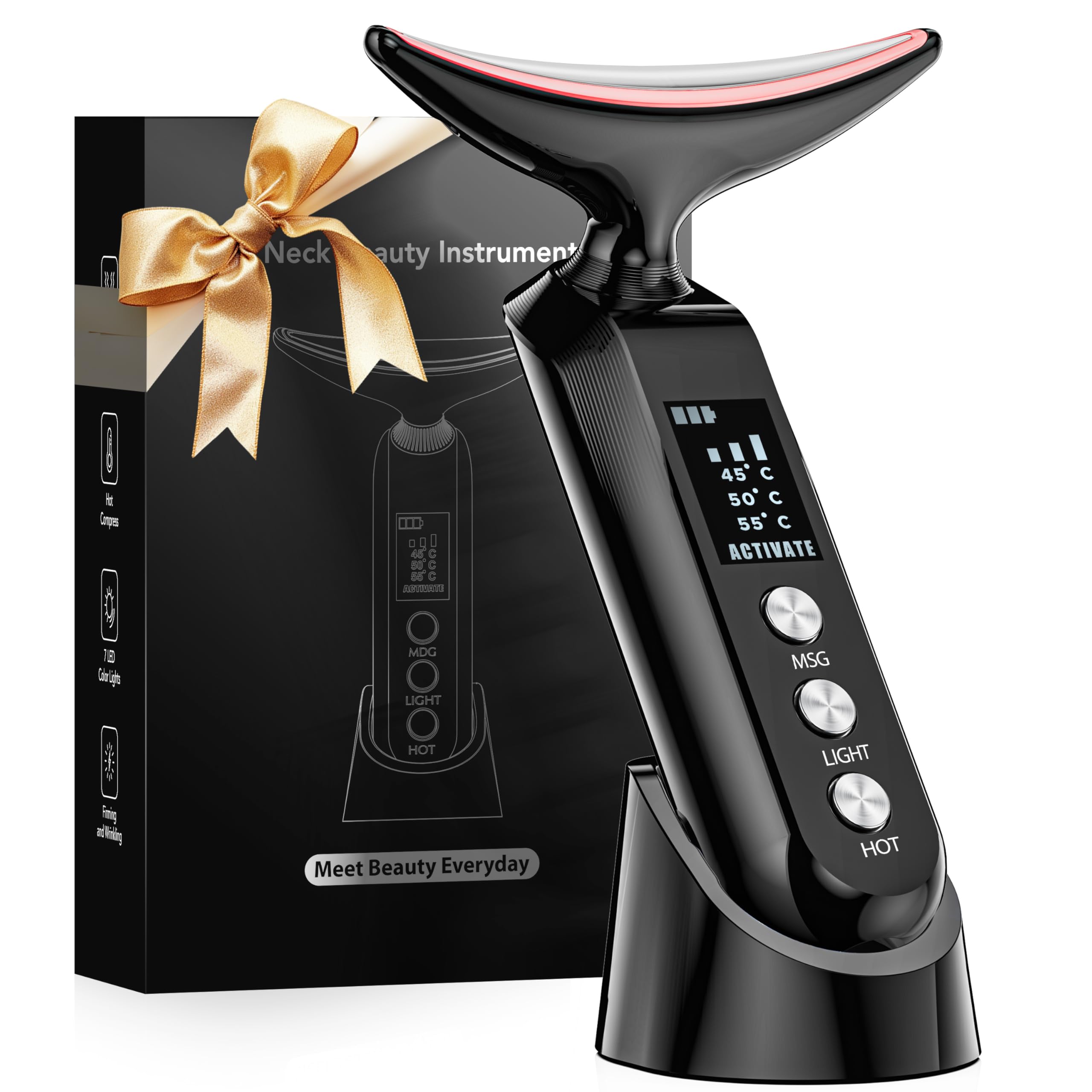 Photo 1 of 2025 Upgraded Red Light Therapy for Face Portable Charging Dock, Facial Neck Massager 3 Heat Settings, Vibrating Face Massage, 9-Color LED Light & 30-Day Battery | Home Spa Travel Skincare - Black