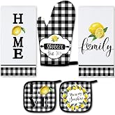 5 Pcs Buffalo Plaid Kitchen Towels Oven Mitts and Pot Holder Set,Lemon | Lemon Checkered Kitchen Decor, Black and White Kitchen Towels Oven Gloves, Lemon Farm House Accessories Decor, High Quality