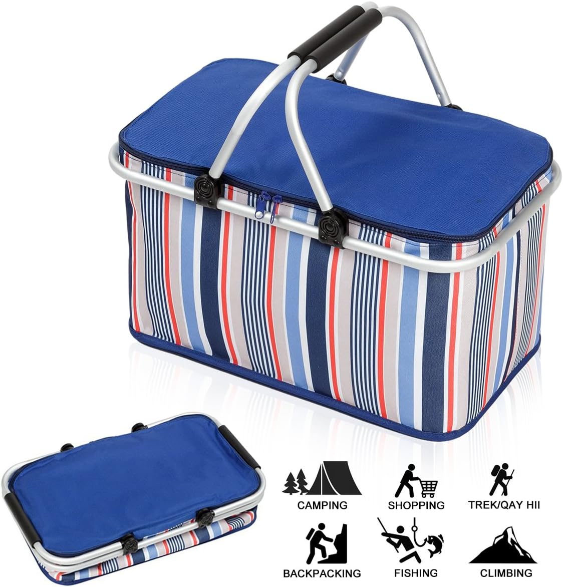 32L Folding Picnic Basket, LOOCOWER Inslated Shopping Cooler Bag Hamper with Aluminum Carry Handles for Camping Picnic Fishing BBQ - Blue