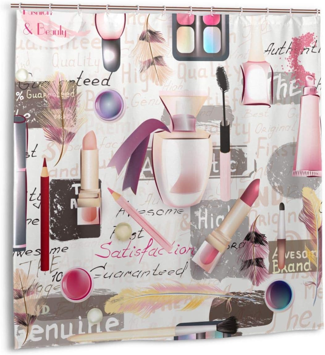 Airmark Shower Curtain for Bathroom Decor Curtains Set,Fashion Watercolor Cosmetics Make Up Lipstick Perfumes & Eye Shadows Fabric Bath Curtains with Hooks 72x72in