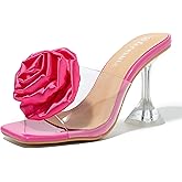 fereshte Women's Clear Heeled Mules with Rose Flower Embellishment, Square Toe Slip On Sandals