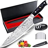 MOSFiATA 8" Super Sharp Professional Chef's Knife with Finger Guard and Knife Sharpener, German High Carbon Stainless Steel E