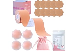 JNYUTEEN Boob Tape, Boobtape Breast Lift Tape for Women, Invisible Breathable 1 Roll 5cm Breast Tape with 5 Pairs Nipple Cove