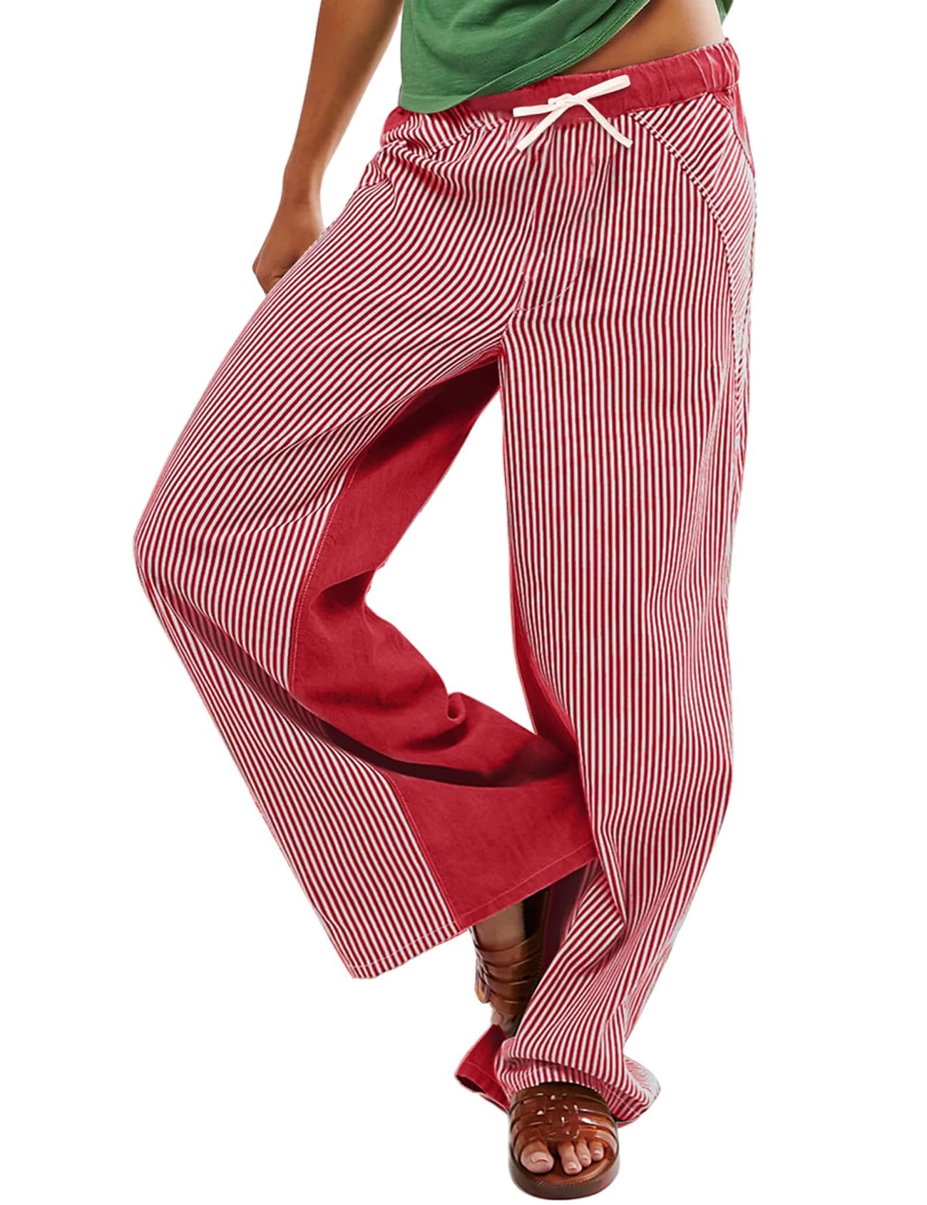 Photo 1 of ***(HEAVILY USED/ MINOR DAMAGE)***Women Y2k Striped Wide Leg Pants Baggy Drawstring Jeans Trendy Low Rise Casual Cotton Trousers(Red-M)