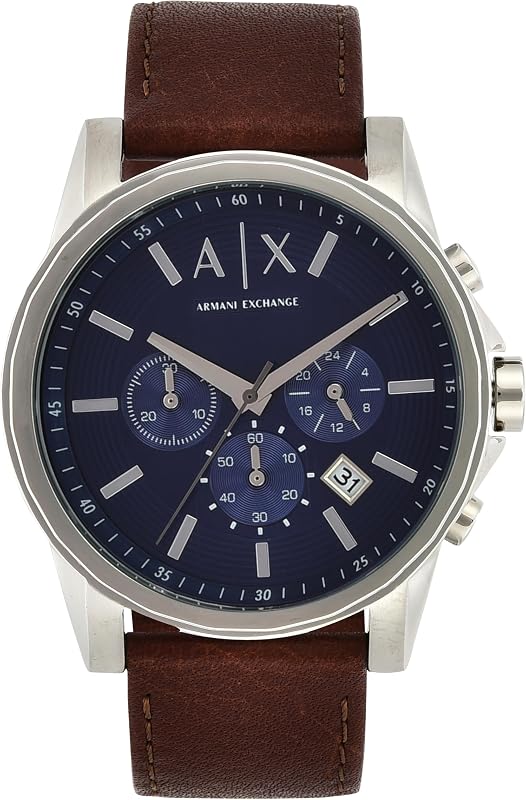 Orologio da uomo, movimento cronografo al quarzo, cassa in acciaio inossidabile da 45 mm con cinturino in pelle, AX2501, Marrone e argento