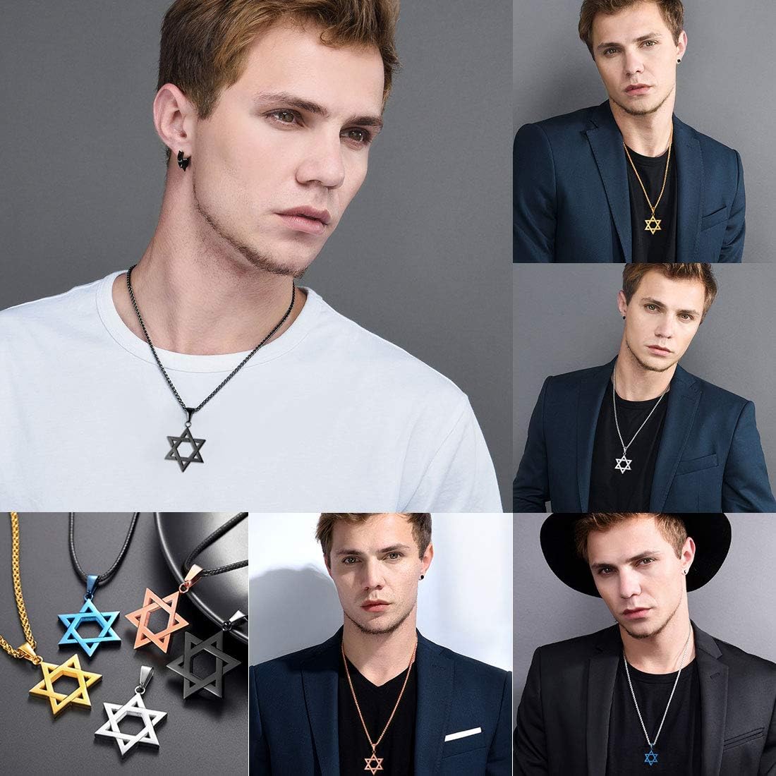 U7 David Star Necklace for Men Women Black Plated Hexagram Pendant Judaism Jewellery Wheat Chain, 01. Classic- Black Plated - Image 3