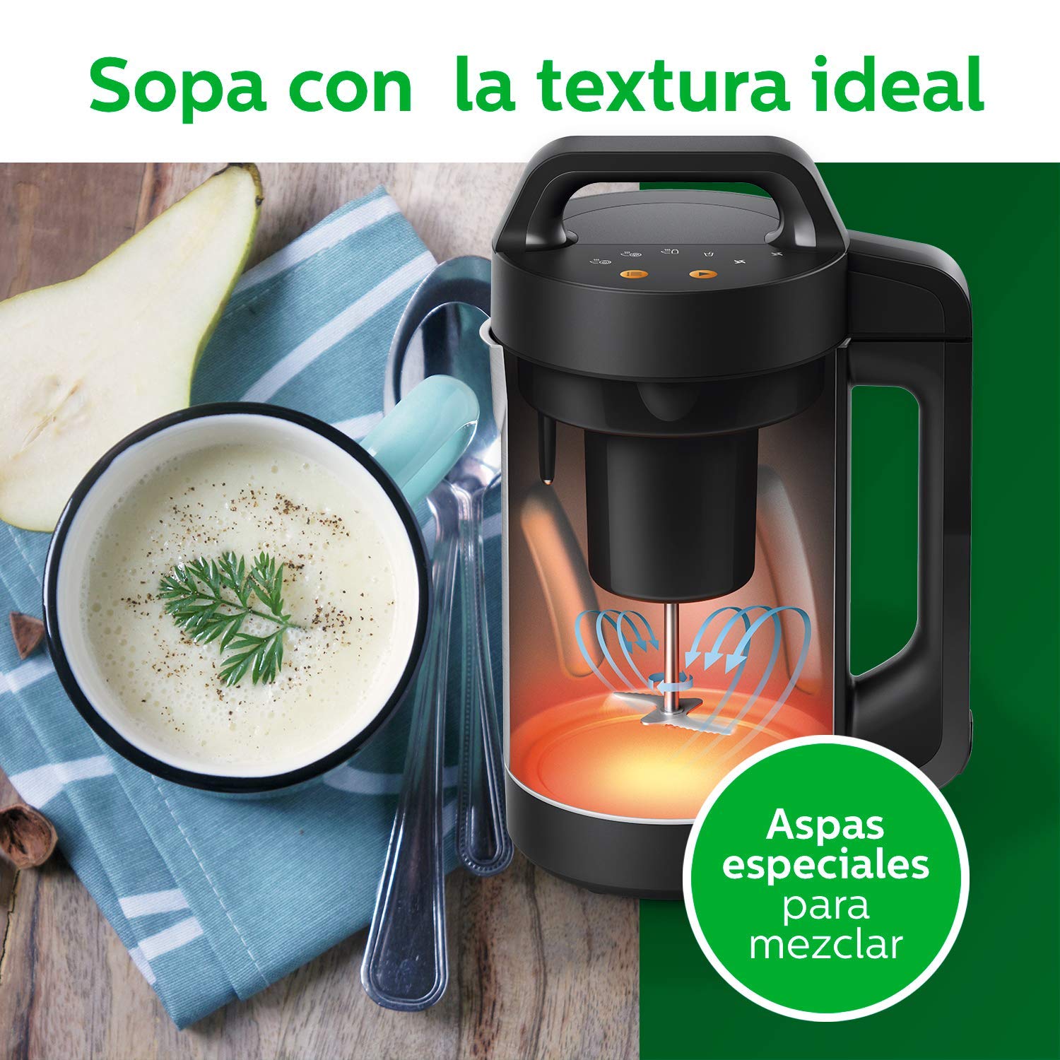 Philips Kitchen Appliances Philips Soup Maker, Makes 2 - 4 Servings, HR2204/70, 1.2 Liters, Black and Stainless Steel