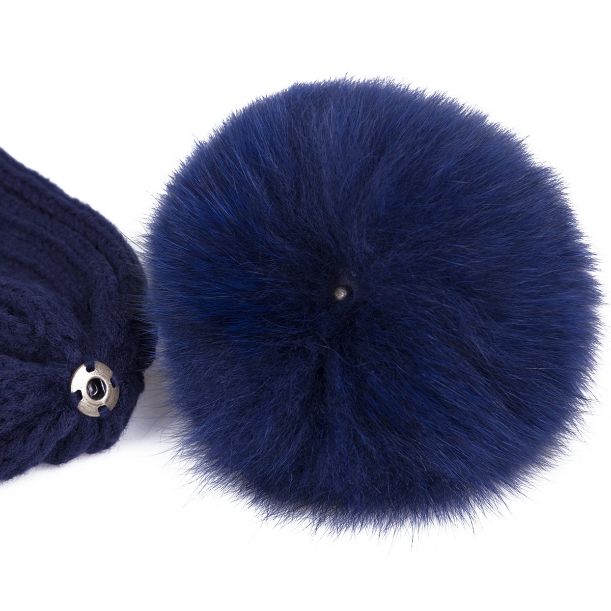EVRFELAN Winter Hand Faux Fur Hat Pompoms Beanie Cable Knit Warm Family Crochet Ski Skull Cap for Girls (fox dark blue)