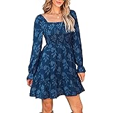 CUPSHE Women's Long Sleeve Fall Mini Dress Floral Square Neck Smocked Flowy A Line Ruffle Dress