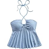 Milumia Womens Eyelet Tie Back Halter Top Y2k Backless Sleeveless Ruffle Going Out Peplum Tops