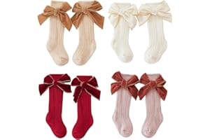 Merqwadd 4-Pack Baby Girls Knee High Socks Infants Toddlers Bow Knit Socks Cotton Tube Ruffled Stockings