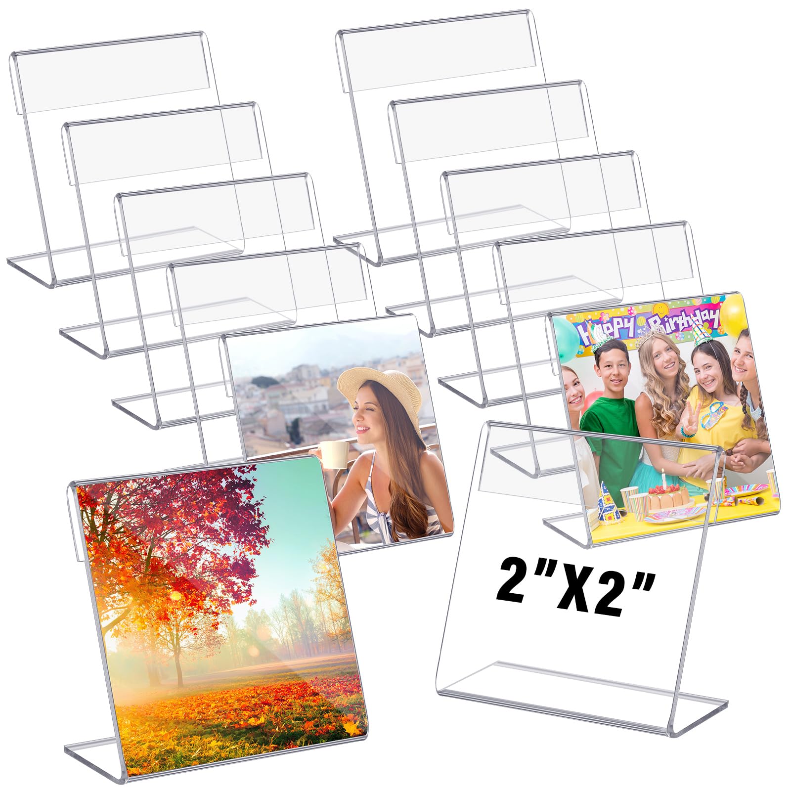 Photo 1 of Chunful 12 Pack Clear Acrylic Self Standing Photo Frames Small Picture Frame Bulk Wallet Size Desktop Display Freestand for Home Office (2 x 2 Inches)