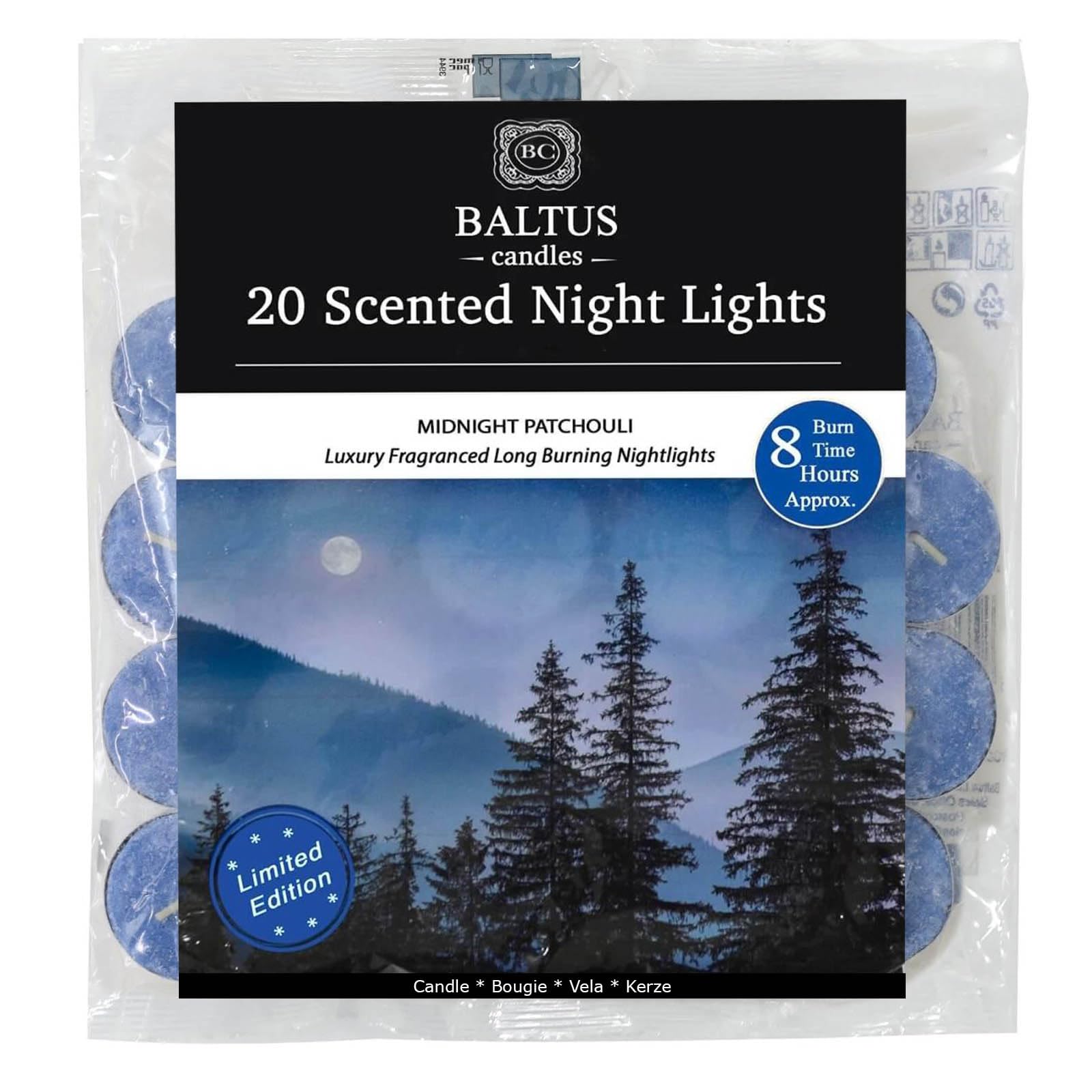 Baltus 20 Pack of Tealights Night Lights 8hr Burn Midnight Patchouli Scented Home Accessory