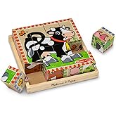 Melissa & Doug Farm Wooden Cube Puzzle with Storage Tray – 6-in-1 Animal Puzzle for Toddlers and Preschoolers – 16 Wooden Cub