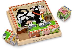 Melissa & Doug Farm Wooden Cube Puzzle with Storage Tray – 6-in-1 Animal Puzzle for Toddlers and Preschoolers – 16 Wooden Cub