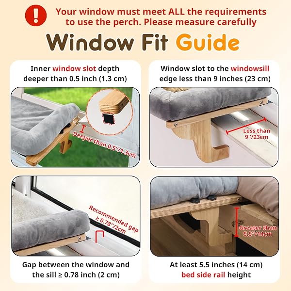 [READY TO GIFT] PURRHOUSE 45LBS CAT WINDOW PERCH WITH BOLSTER, HAMMOCK SEAT WITH PLYWOOD & METAL FRAME, CAT BED FOR WINDOWSILL, BEDSIDE AND CABINET (NATURAL WOOD & BROWN CUSHION, 24.8”W X 9.4”H)