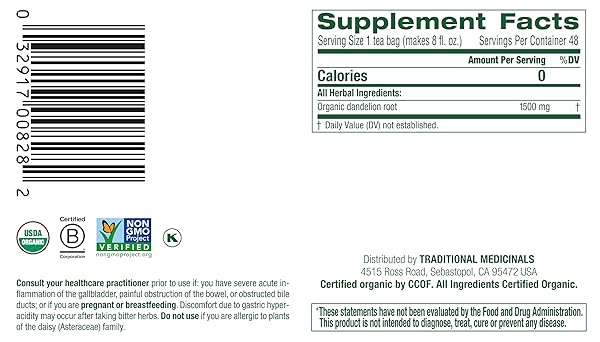 TRADITIONAL MEDICINALS TEA, ORGANIC ROASTED DANDELION ROOT, SUPPORTS KIDNEY FUNCTION & HEALTHY DIGESTION, 48 TEA BAGS