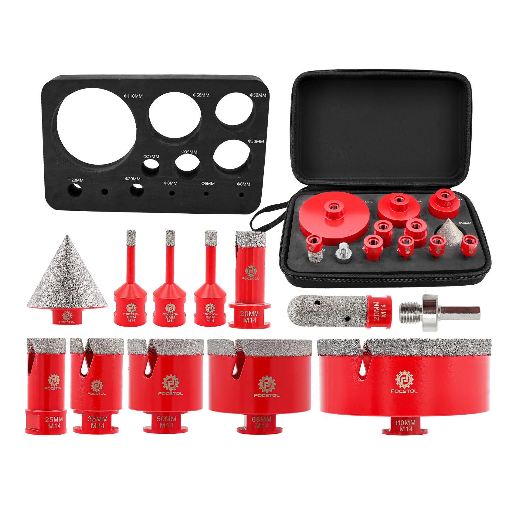 FOCSTOL Diamond Core Drill Bit Set - 12pcs (6/6/8/20/25/35/50/68/110mm+20mm Finger Milling Bit+50mm Beveling Chamfer Bit+Hex) Diamond Hole Saw Kit for Porcelain Ceramic Tile Marble Granite