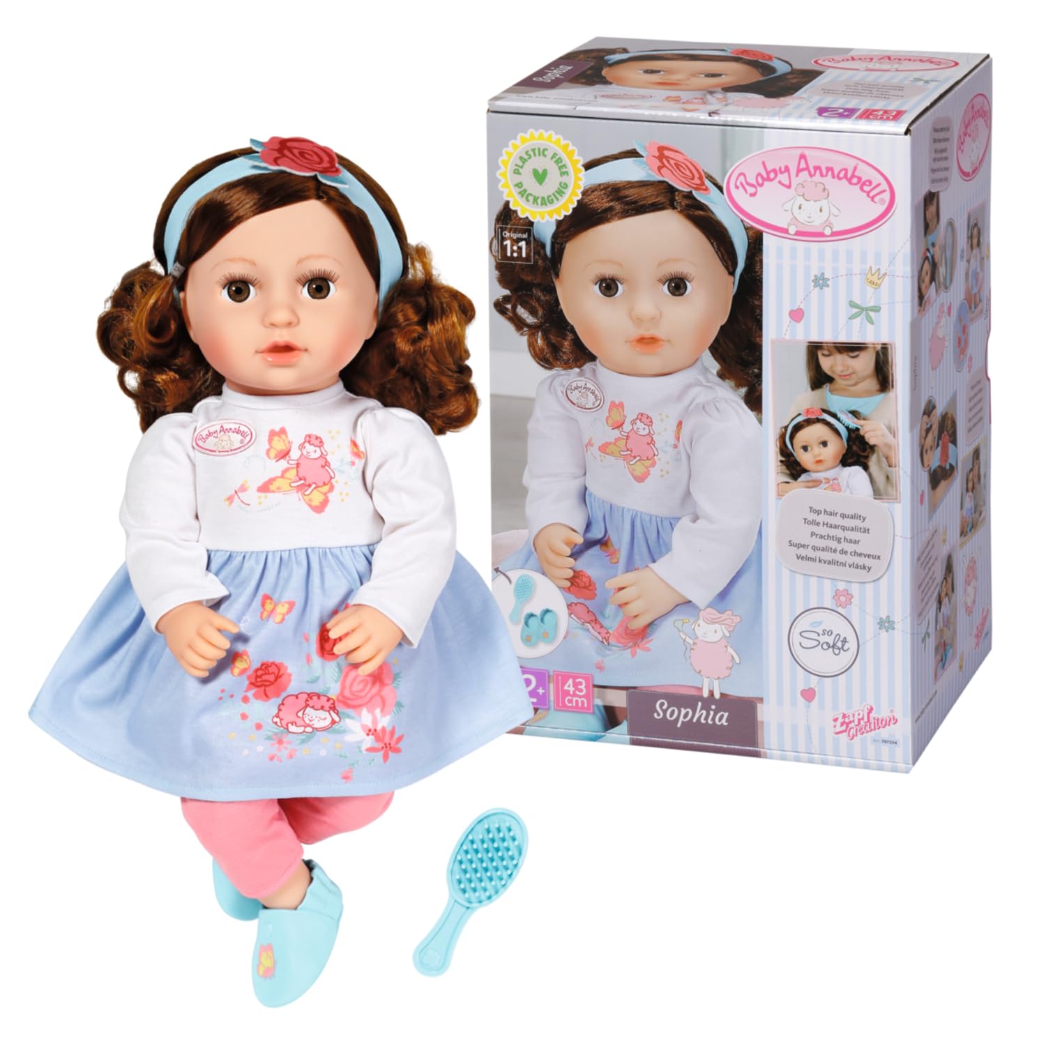 Baby Annabell Sophia, brunette 707234-43cm Doll with Super Soft Fabric Body with Dress, Leggings & Shoes for Toddlers - Includes Hairband & Brush - Hand Washable - Suitable from 2 Years, Multicolor