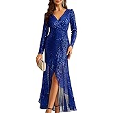 COOAN Women's Long Sequin Formal Dresses Long-Sleeve Cocktail Wedding Guest Dresses Elegant V Neck Party Gowns