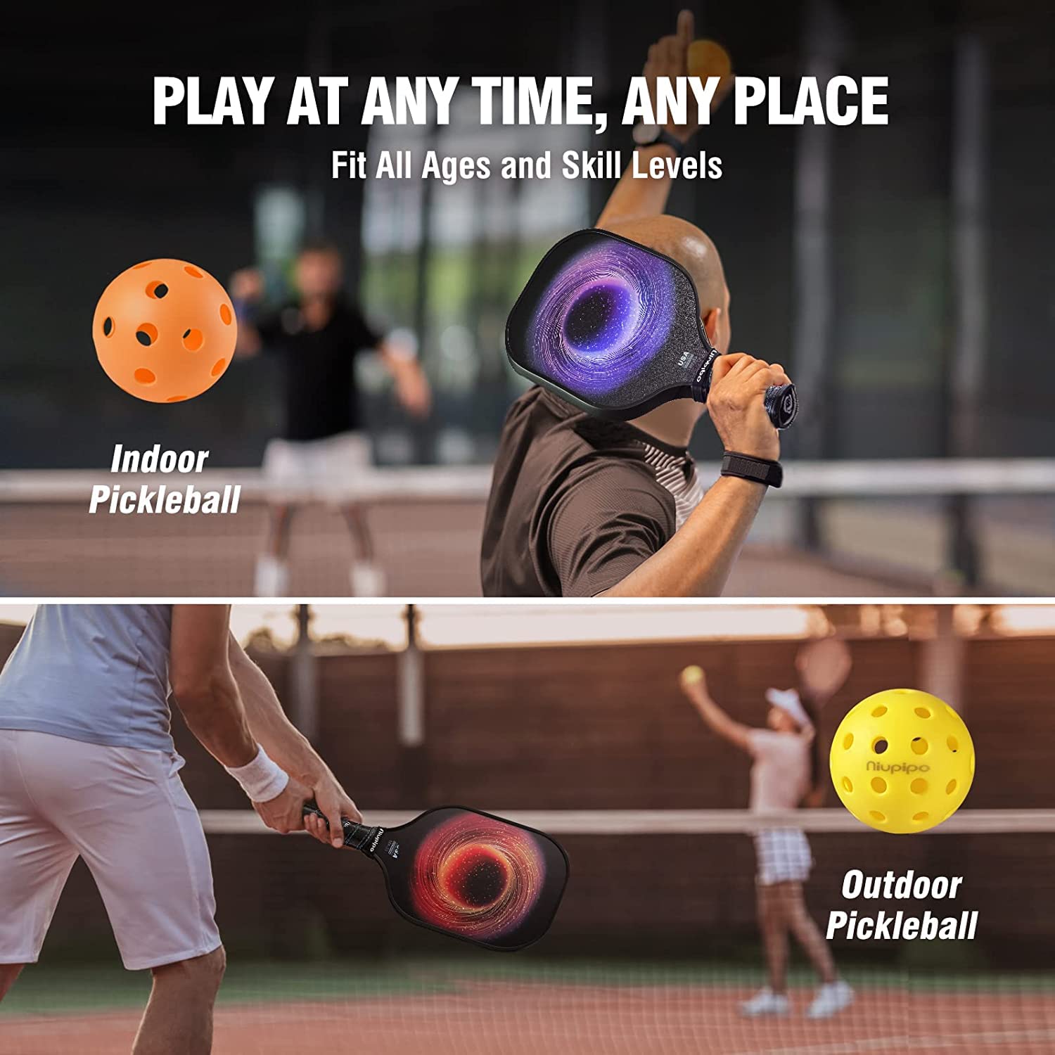 niupipo Pickleball Paddles Set of 2/4, USAPA Approved Lightweight Pickleball Rackets, Durable Fiberglass Surface with Polypropylene Honeycomb Core, Cushion Grip and Carry Bag