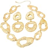 NLMSKI Statement Chunky Hammered Gold Tone Jewelry Set for Women Abstract Geometric Irregular Circle Choker Necklace Dangle Earrings Trendy Party Gift