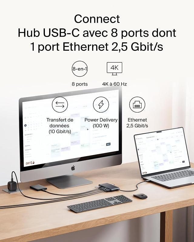 Connect Hub USB C 8-en-1, Prise en Charge De La Résolution 4K à 60 Hz, Fonctionne avec Mac, Windows, Chromebook, PD de 100 W, Transfert De Données De 10 Gbit/s, Ethernet De 2,5 Gbit/s - Noir