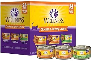 WELLNESS NATURAL PET FOOD Wellness Complete Health Grain-Free Wet Canned Cat Food, Chicken & Turkey Lovers Minced and Gravies Variety Pack, 3 Ounces (Pack of 24)