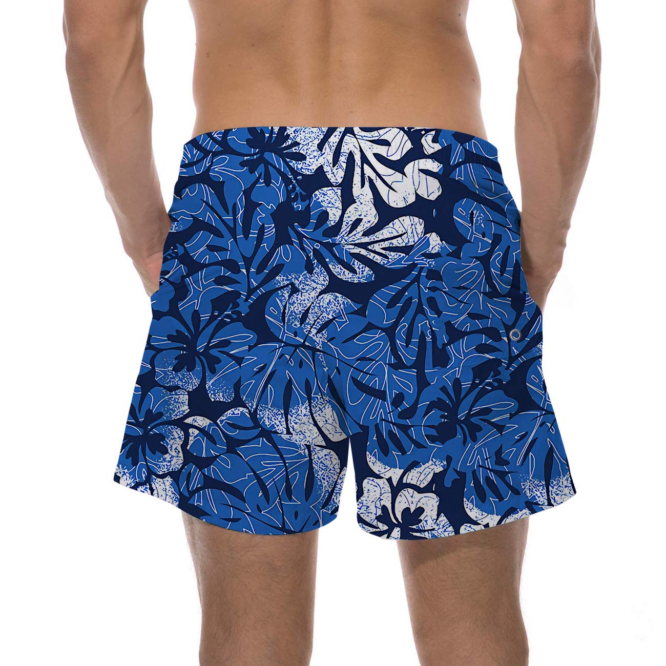 UNICOMIDEA Mens Swimsuits 80s Swim Trunks Blue Floral Printed Swim Board Shorts Slim Fit Quick Dry Board Shorts with Mesh Lining