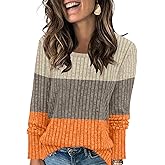 Leafsay Womens Color Block Tops Striped Lightweight Sweaters Long Sleeve Crewneck Shirts Casual Loose Fit Tunic