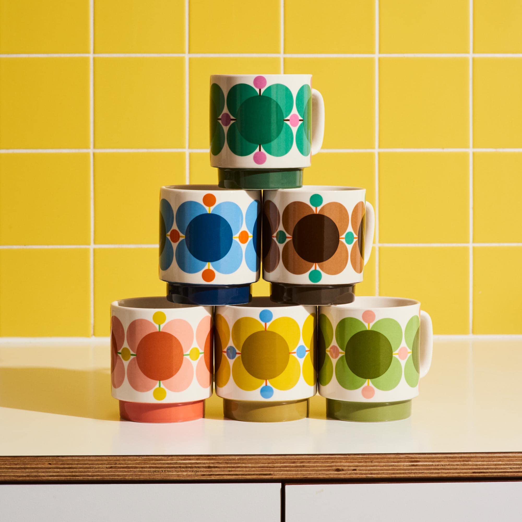 Orla Kiely Set of 2 Stacking Mugs Atomic Flower Sky & Sunflower Gift Boxed