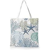Yhtrg Coastal Beach Tote Bag, Flower Totes Canvas Bags for Women Men, Summer Gift Reusable Grocery Shopping Bags