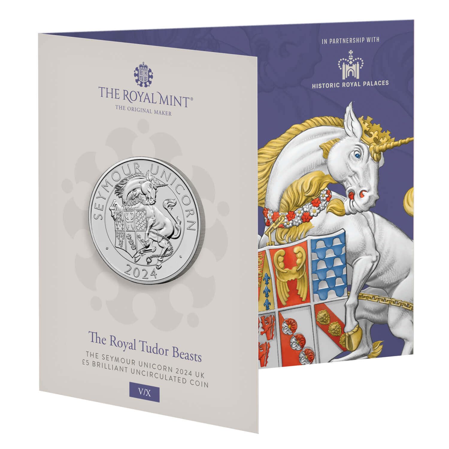 CrawleyCoins 2024 Royal Tudor Beasts 05 Seymour Unicorn UK £5 Briliant Uncirculated Coin in Mint Sealed Pack