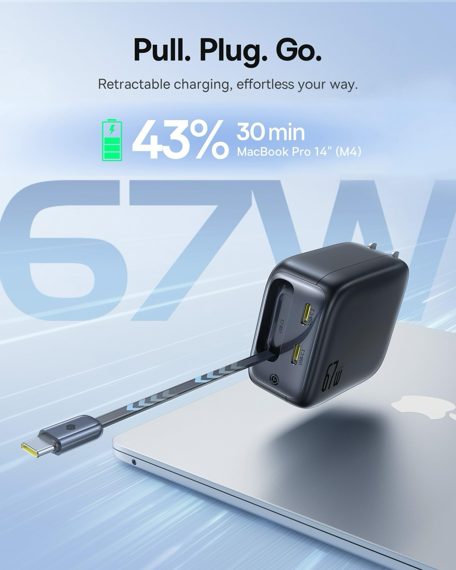 Baseus Enercore CJ11 Retractable USB C Charger, 67W 3 in 1 Fast Charging Block with Foldable Plug, PD/PPS for Galaxy S25/iPhone 17/16/15 Series/MacBook Air/Airpods 4