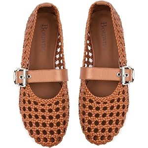 Bouwno Woven Ballet Flats Mesh Mary Jane Flats for Women Dressy Comfortable Ballerina Flat Round Toe Buckle Strap Mesh Shoes