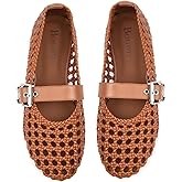 Brown Mesh Mary Jane Flats for Women Hand Woven Flats Slip on Leather Round Toe Comfy Buckle Strap Dressy Beach Ballerina Sandals