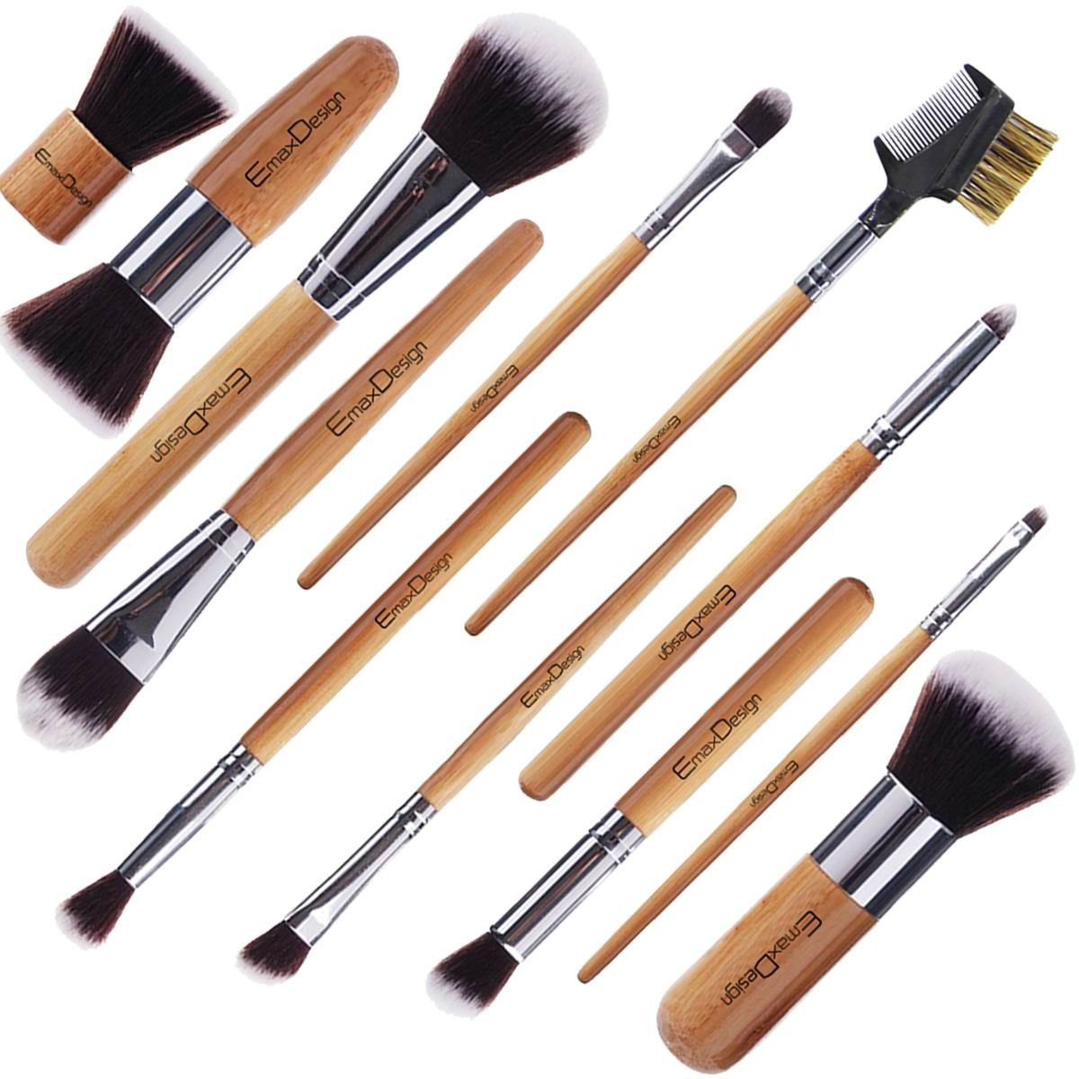 EmaxDesign 12 Pieces Makeup Brush Set Professional Bamboo Handle Premium Synthetic Kabuki Foundation Blending Blush Concealer Eye Face Liquid Powder Cream Cosmetics Brushes Kit With Bag: Beauty