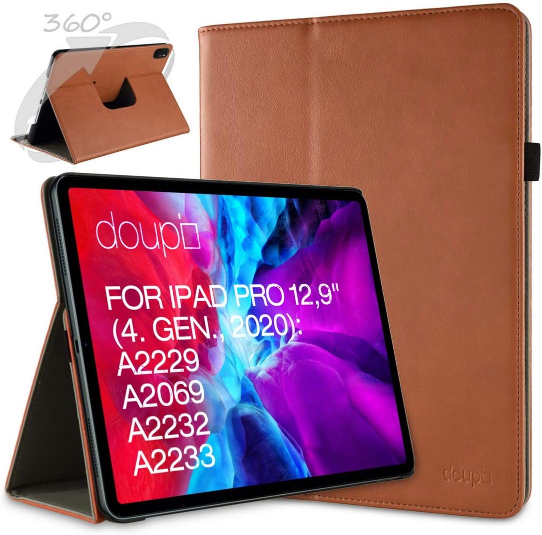 doupi Smart Flip Cover for iPad Pro 12.9 inch (4. Gen.) 2020, Deluxe Protective Case 360 Degree Rotatable Stand Screen Protector, Brown