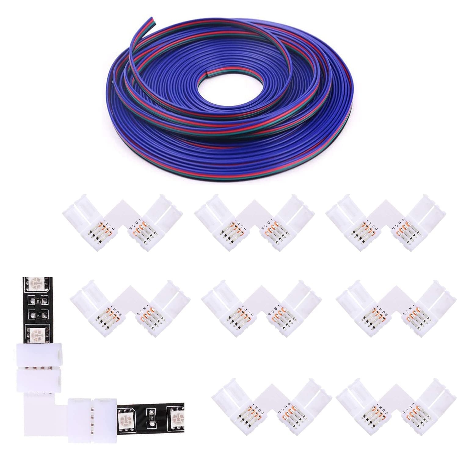 ENQIMAOYI 8pcs 4Pin RGB LED Strip Connector L-Type 10MM, 16.4FT/5M LED Strip Extension Cable for 5050 3528 RGB LED Strip Light, with Wire Quick Connection, 22-20 AWG