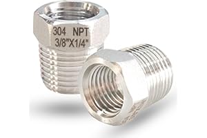 FEYADAPER 3/8" NPT Male to 1/4" NPT Female Hex Bushing Reducer, 304 Stainless Steel NPT Reducing Adapter Pipe Fitting, Heavy Duty Pipe Hex Bushing for Reducing Pipe (3/8” MNPT x 1/4” FNPT)