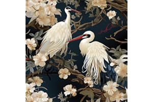 Vintage White Crane Bird Beige Yellow Navy Flower Peel and Stick Wallpaper Contact Paper Vintage Vinyl Stick on Wall Paper fo