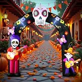 DomKom 8FT Halloween Inflatable Blow Up Decorations Archway, Day of the Dead Inflatable Arch, Dia De Los Muertos Yard Decorations, Sugar Skull Guitar Skeleton, Built‑in LED Lights, Outdoor Lawn Garden