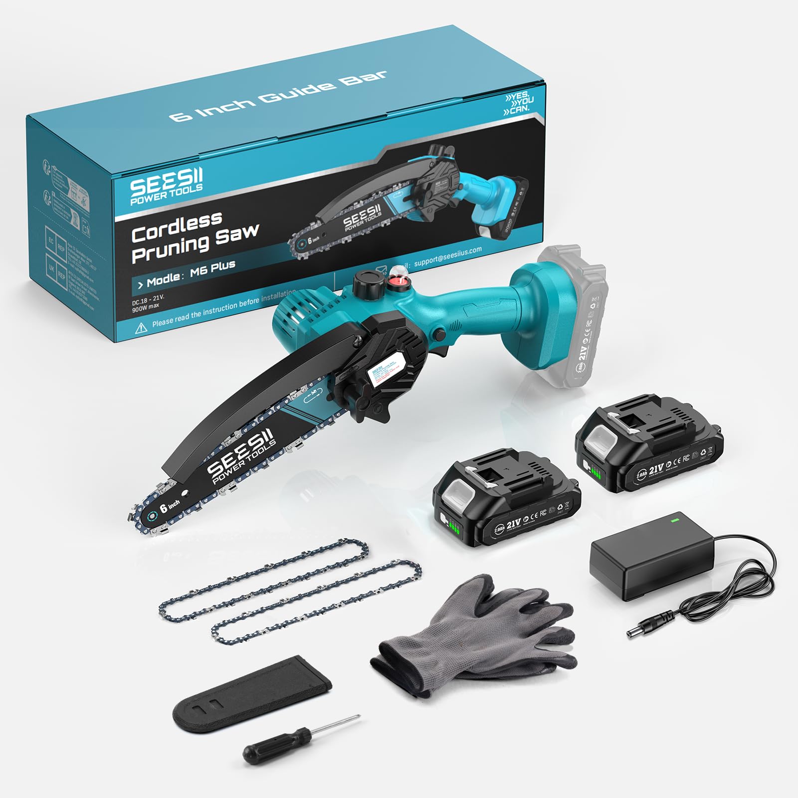 Seesii Mini-Kettensäge mit Akku, 6 Zoll, elektrische Kettensäge, kabellos, mit Schmiermittelinjektor und 2 Batterien, Mini-Kettensäge, wiederaufladbar, 2 Ketten 7