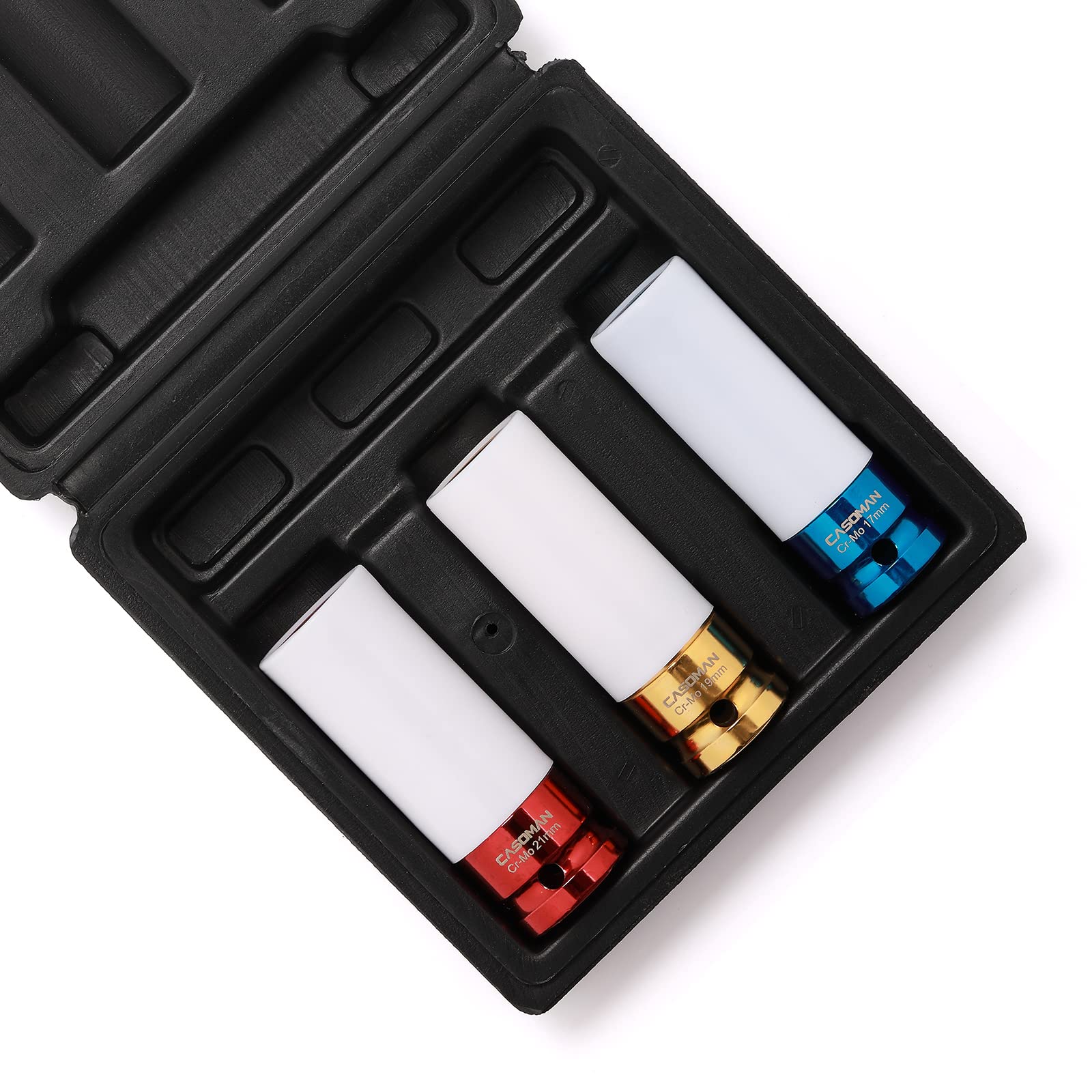 CASOMAN 1/2- Inch Drive Wheel Protector Impact Socket, 1/2" Thin Wall Deep Impact Socket Set Plastic Sleeve Lug Nut, 3 Pieces Set, 6 Point, Metric,CR-MO,17mm,19mm,21mm