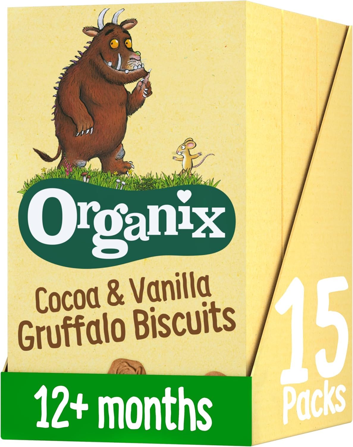 Organix Cocoa & Vanilla Gruffalo Biscuits, Organic Toddler Snacks, 12+ Months, Multipack, 5 x 20 g Bags Per Box (3 Boxes Total)