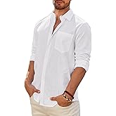 DEMEANOR Mens Linen Shirt Long Sleeve Casual Cotton Solid Regular Fit Wedding Summer Beach Button Down Shirt