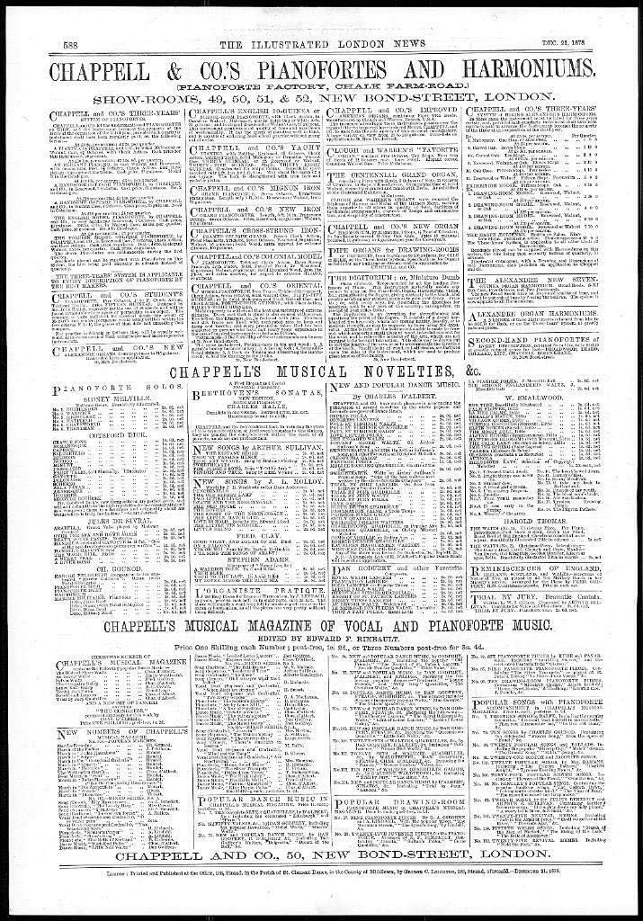 1878 Advertising Chapel Piano Pianofortes Harmoniums London Chalk Farm Rd (219)