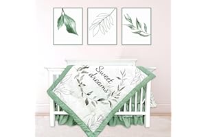 HNHUAMING Green Leaf Crib Bedding Set, 4-Piece Baby Boy Bedding Set, Neutral Nursery Bedding Set, Fitted Crib Sheet, Crib Skirt, Baby Quilt, and Diaper Stacker, Sage
