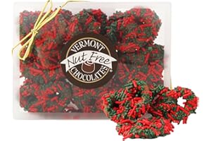 Vermont Nut Free Chocolates Christmas Mini-Twist Pretzels – Nut Free & Kosher Milk Chocolate Covered Pretzels with Red & Green Sprinkles, Holiday Gift Box (6.8 oz)