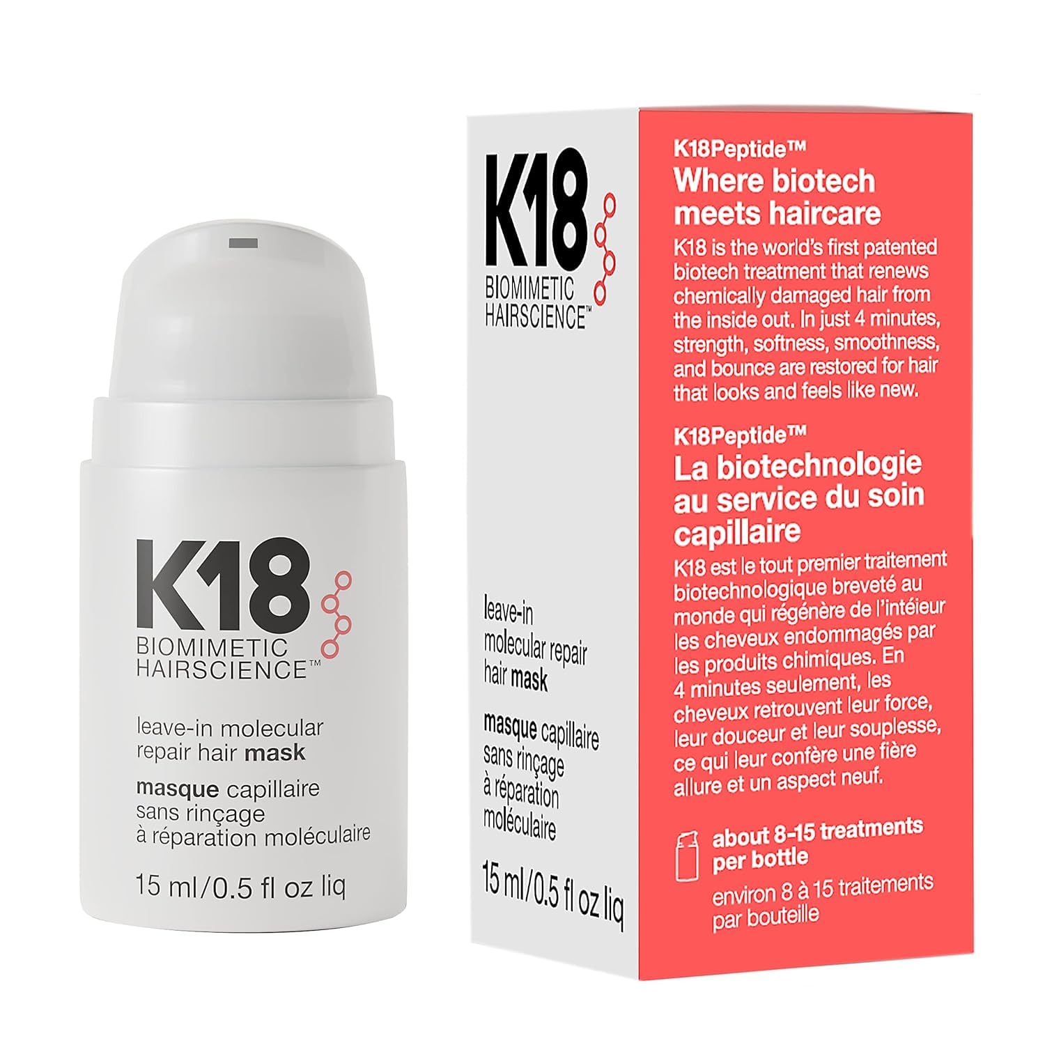 K18 Mini Leave-In Molecular Hair Mask, Repairs Dry or Damaged Hair, Reverse Hair Damage from Bleach, Colour, Chemical Services & Heat, 15ml